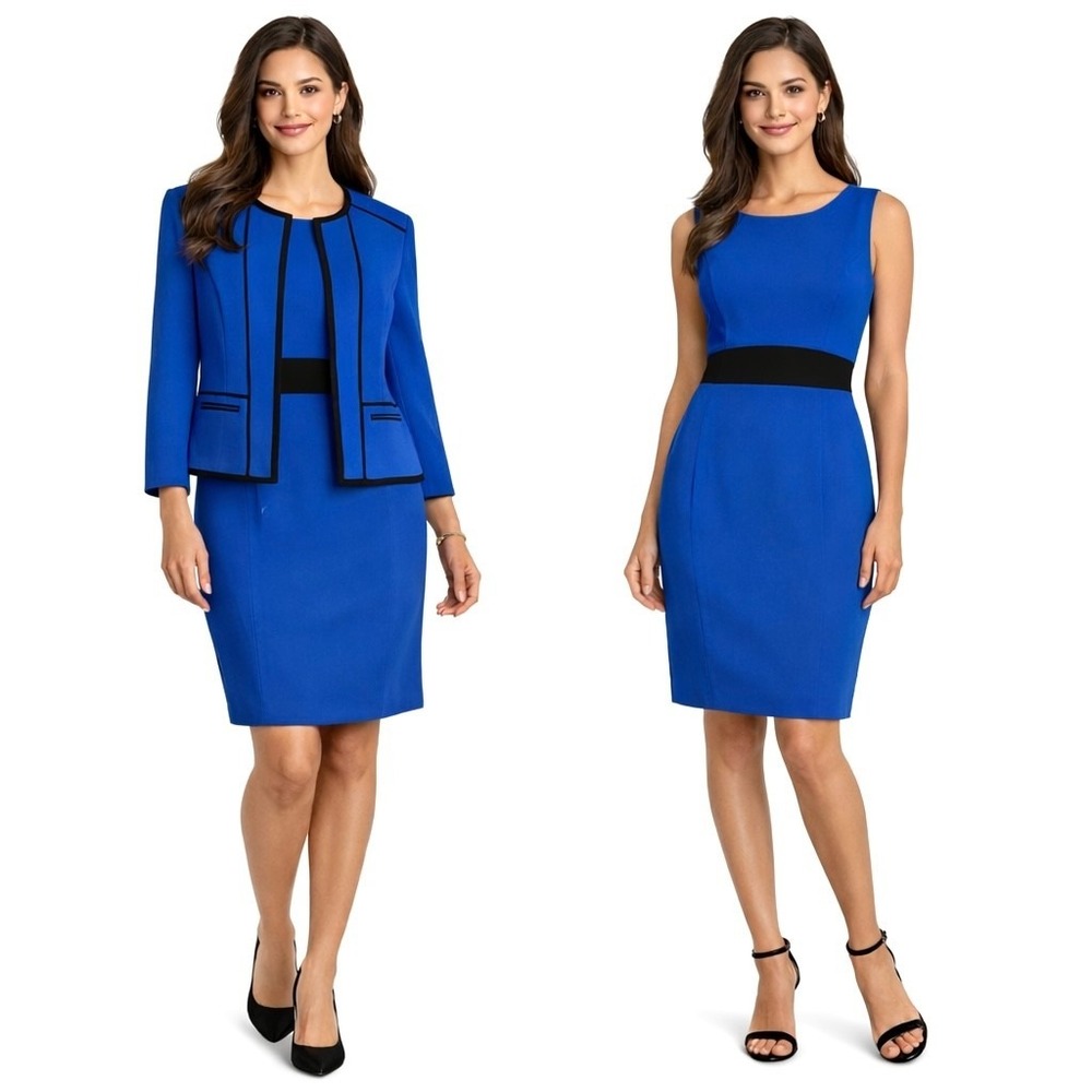 NWT Kasper Lapis Blue Jacket Dress Suit 12‎ 14 Contrast Trim Powersuit 2 Pc Set